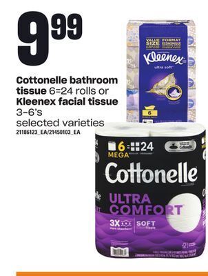 Loblaws Cottonelle bathroom tissue, 6=24 rolls or kleenex facial tissue, 3-6's offer