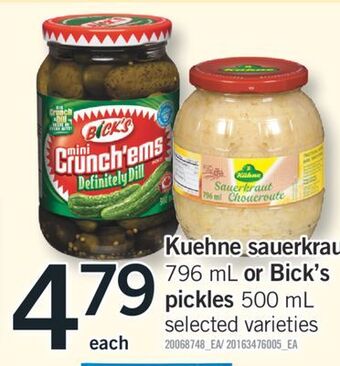 Fortinos Kuehne sauerkraut 796 ml or bick's pickles 500 ml offer