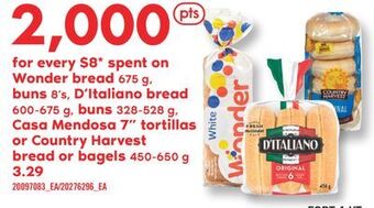 Fortinos Wonder bread, 675 g, buns 8's, d'italiano bread, 600-675 g, buns 328-528 g, casa mendosa 7 tortillas or country harvest bread offer