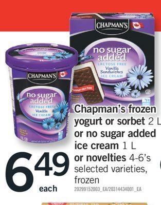 Fortinos Chapman's frozen yogurt or sorbet 2 l or no sugar added ice cream 1 l or novelties 4-6' s offer