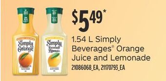 Fortinos Simply beverages® orange juice and lemonade, 1.54 l offer