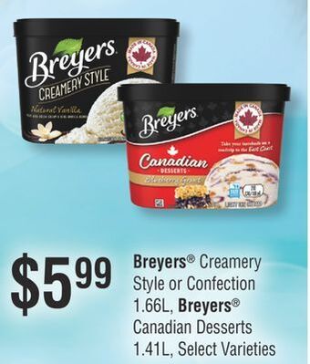 Fortinos Breyers® creamery style or confection, 1.66l, breyers® canadian desserts 1.41l offer