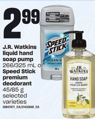 Independent Grocer J.r. watkins liquid hand soap pump, 266/325 ml or speed stick premium deodorant, 45/85 g offer