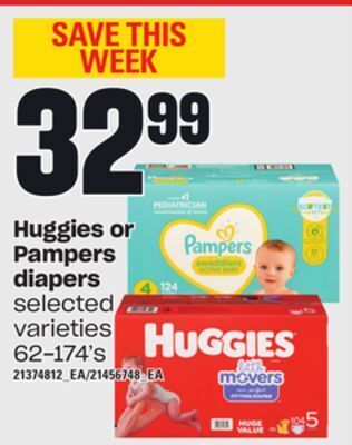 Independent Grocer Huggies or pampers diapers, 62-174's offer