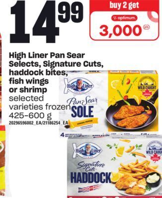 Independent Grocer High liner pan sear selects, signature cuts, haddock bites, fish wings or shrimp, 425-600 g offer