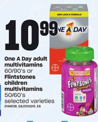 Independent Grocer One a day adult multivitamins, 60/90's or flintstones children multivitamins, 50/60's offer