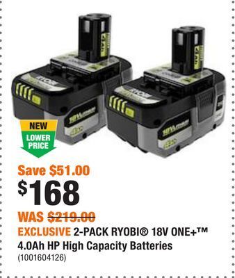 Home Depot Exclusive 2-pack ryobi® 18v one+™ 4.0ah hp high capacity batteries offer