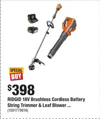 Home Depot Ridgid 18v brushless cordless battery string trimmer & leaf blower kit with 4.0ah battery & charger offer