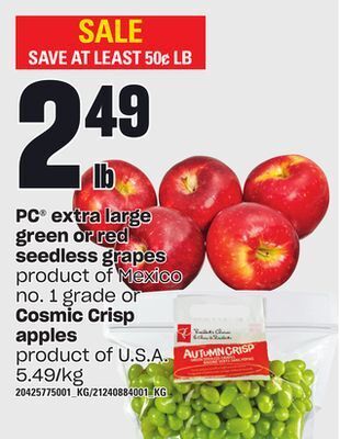 Independent Grocer Pc® extra large green or red seedless grapes or cosmic crisp apples offer