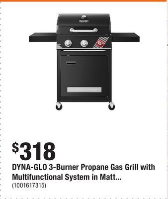 Home Depot Dyna-glo 3-burner propane gas grill with multifunctional system in matte black offer