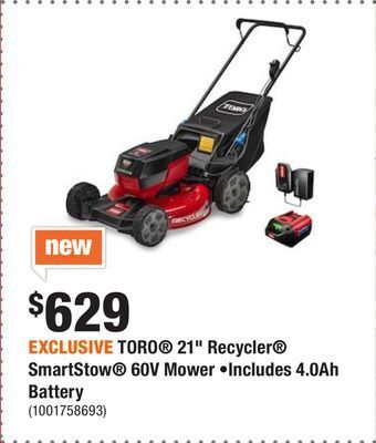 Home Depot Exclusive toro® 21 recycler® smartstow® 60v mower •includes 4.0ah battery offer