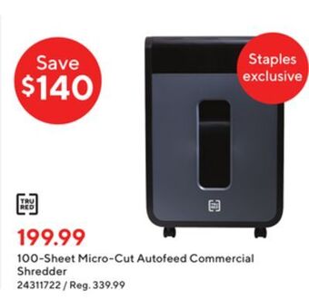 Staples Tru red 100-sheet micro-cut autofeed commercial shredder offer