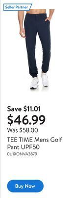 Walmart Tee time mens golf pant upf50 offer