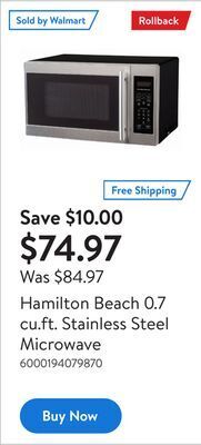 Walmart Hamilton beach 0.7 cu.ft. stainless steel microwave offer