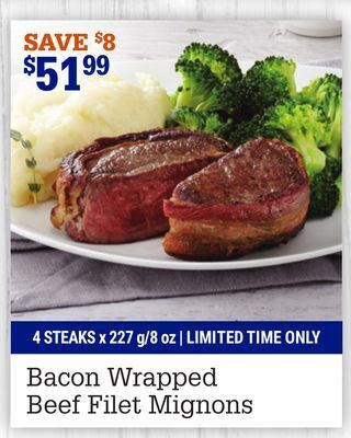 M & M Food Market Bacon wrapped beef filet mignons offer