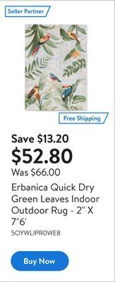Walmart Erbanica quick dry green leaves indoor outdoor rug - 2 x 76' offer