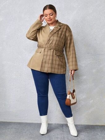 SheIn Shein plus plaid panel drop shoulder belted blazer offer