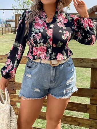 SheIn Plus floral print lantern sleeve peplum blouse offer