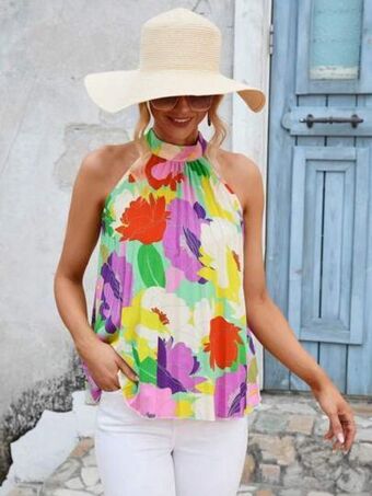 SheIn Shein vcay floral print tie back halter neck blouse offer