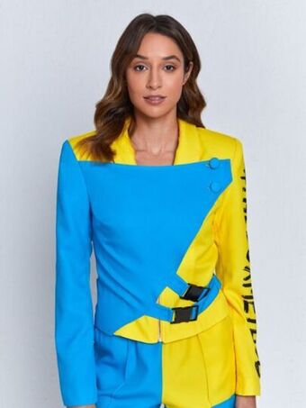 SheIn Shein x theboxmethod two tone buckle detail letter graphic jacket offer
