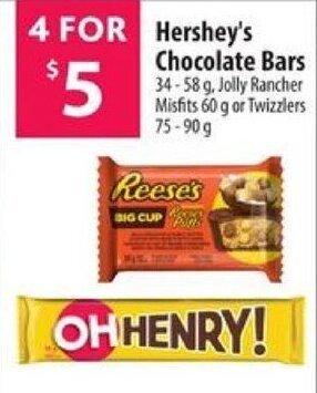 Co-op Hershey's Chocolate Bars 34-58 g, Jolly Rancher Misfits 60 g or Twizzlers 75-90 g offer