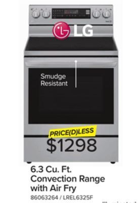 Leon's Lg smudge resistant stainless steel 6.3 cu ft. electric thinq® instaview™ range with air fry and true convection- lrel6325f offer
