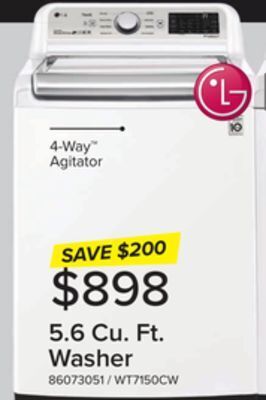 Leon's Lg white mega capacity smart wifi enabled top load washer with agitator and turbowash3d™ technology (5.6 cu.ft) - wt7305cw offer