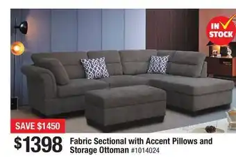 Bad Boy Superstore Fabric sectional with accent pillows and storage ottoman offer
