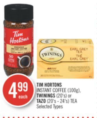 Shoppers Drug Mart Tim hortons instant coffee (100g), twinings (20's) or tazo (20's - 24's) tea offer