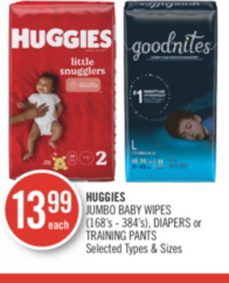 Shoppers Drug Mart Huggies jumbo baby wipes (168's - 384's), diapers or training pants offer