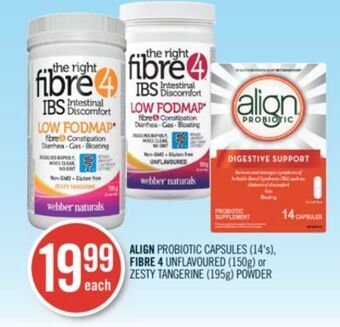 Shoppers Drug Mart Align probiotic capsules (14's), fibre 4 unflavoured (150g) or zesty tangerine (195g) powder offer