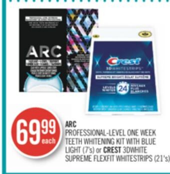 Shoppers Drug Mart Arc professional-level one week teeth whitening kit with blue light (7's) or crest 3dwhite supreme flexfit whitestrips (21's) offer