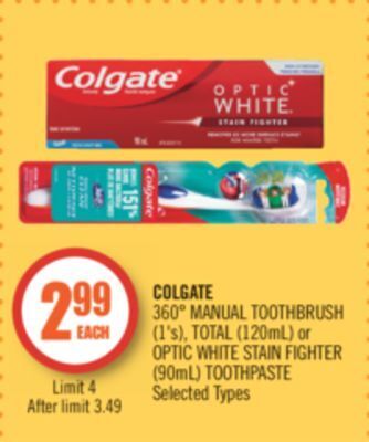 Shoppers Drug Mart Colgate 360° manual toothbrush (1's), total (120ml) or optic white stain fighter (90ml) toothpaste offer