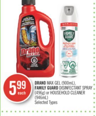 Shoppers Drug Mart Drano max gel (900ml), family guard disinfectant spray (496g) or household cleaner (946ml) offer