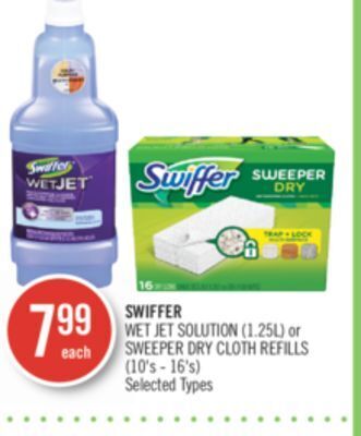 Shoppers Drug Mart Swiffer wet jet solution (1.25l) or sweeper dry cloth refills (10's - 16's) offer