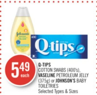 Shoppers Drug Mart Q-tips cotton swabs (400's), vaseline jelly (375g) or johnson's baby toiletries offer