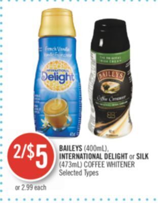 Shoppers Drug Mart Baileys (400ml), international delight or silk (473ml) coffee whitener offer