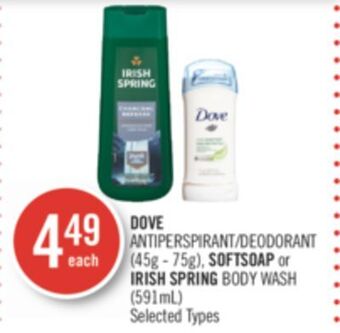 Shoppers Drug Mart Dove antiperspirant/deodorant (45g - 75g), softsoap or irish spring body wash (591ml) offer
