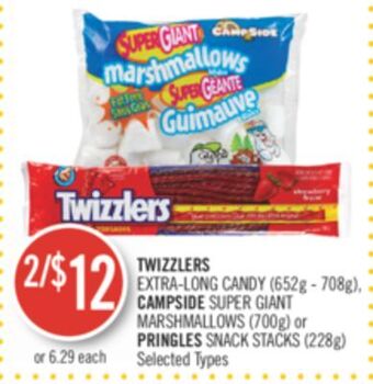Shoppers Drug Mart Twizzlers extra-long candy (652g - 708g), campside super giant marshmallows (700g) or pringles snack stacks (228g) offer