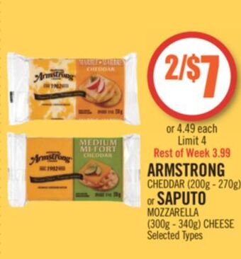 Shoppers Drug Mart Armstrong cheddar (200g - 270g) or saputo mozzarella (300g - 340g) cheese offer