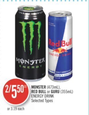 Shoppers Drug Mart Monster (473ml), red bull or guru (355ml) energy drink offer