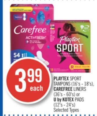 Shoppers Drug Mart Playtex sport tampons (16's - 18's), carefree liners (36's - 60's) or u by kotex pads (12's - 24's) offer