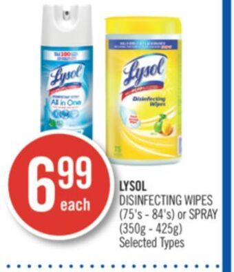 Shoppers Drug Mart Lysol disinfecting wipes (75's - 84's) or spray (350g - 425g) offer
