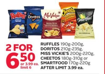 Rexall Ruffles 190g-200g, doritos 210g-235g, miss vickie's 200g-220g, cheetos 180g-310g or smartfood 170g-220g offer