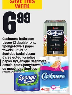 Independent City Market Cashmere bathroom tissue, 12 double rolls, spongetowels paper towels, 6 rolls or scotties facial tissue, 6's offer