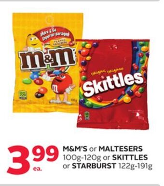 Rexall M&m's or maltesers 100g-120g or skittles or starburst 122g-191g offer