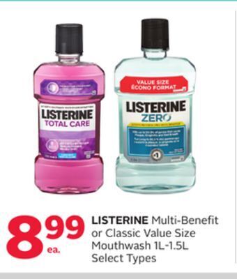 Rexall Listerine multi-benefit or classic value size mouthwash 1l-1.5l offer