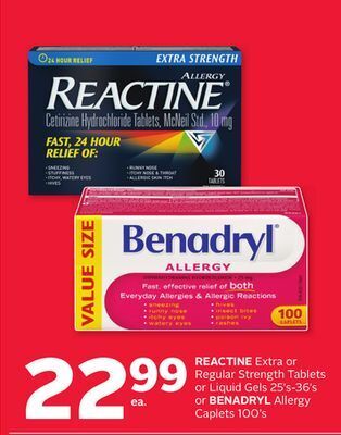 Rexall Reactine extra or regular strength tablets or liquid gels 25' s-36' s or benadryl allergy caplets 100' s offer