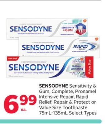 Rexall Sensodyne sensitivity & gum, complete, pronamel intensive repair, rapid relief, repair & protect or value size toothpaste 75m offer