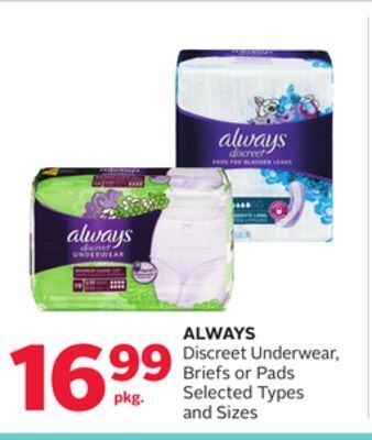 Rexall Always discreet underwear, briefs or pads offer